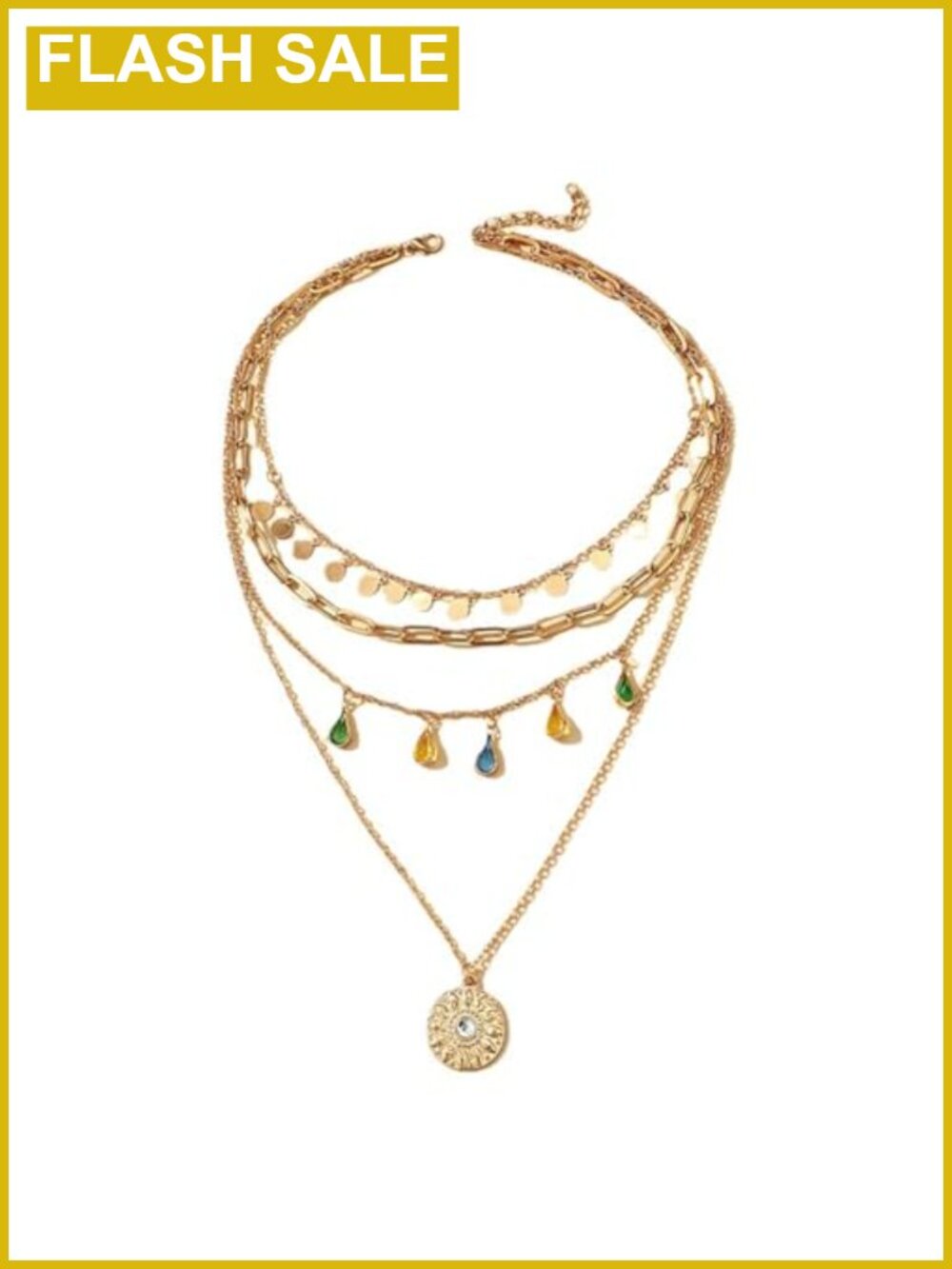 Boho Layered Pendant Necklace Gold Cuban Chain Tassel Coin Stack